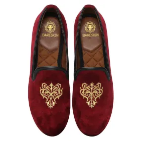 Bareskin Maroon Velvet Slip-Ons With Golden Embroidery For Women