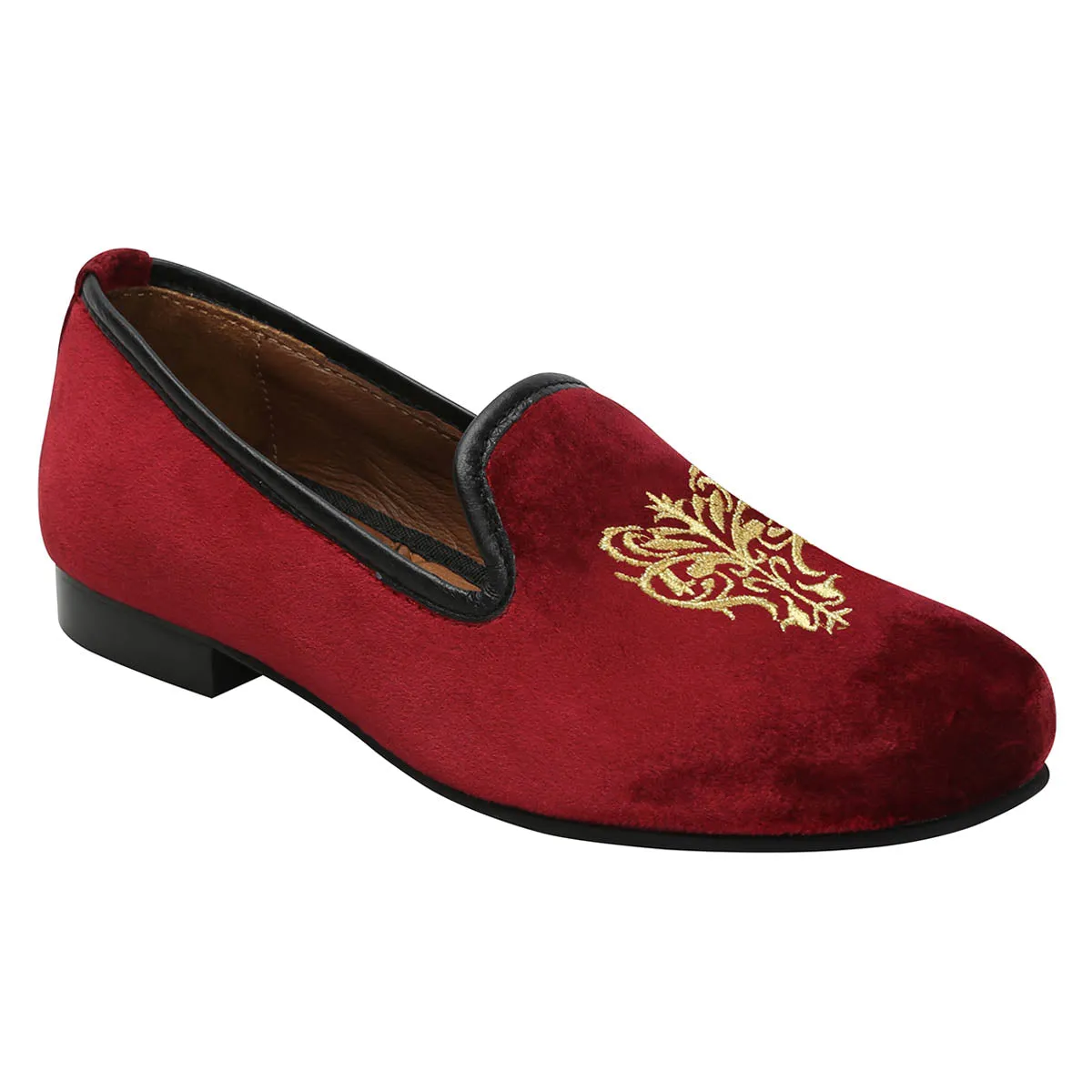 Bareskin Maroon Velvet Slip-Ons With Golden Embroidery For Women