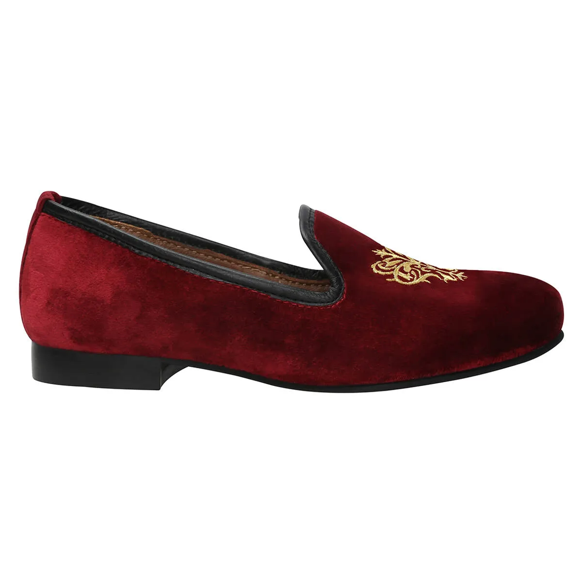 Bareskin Maroon Velvet Slip-Ons With Golden Embroidery For Women