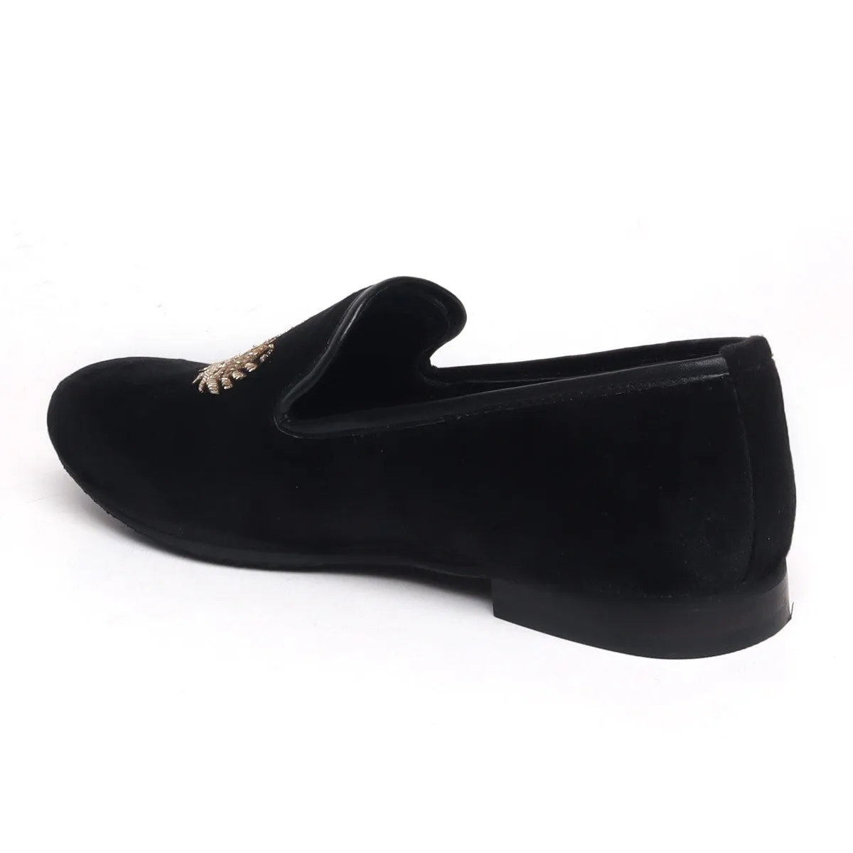 Black Italian Velvet Slip-Ons with Mild Gold Crest Zardosi By Brune & Bareskin