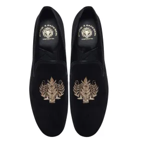 Black Italian Velvet Slip-Ons with Mild Gold Crest Zardosi By Brune & Bareskin