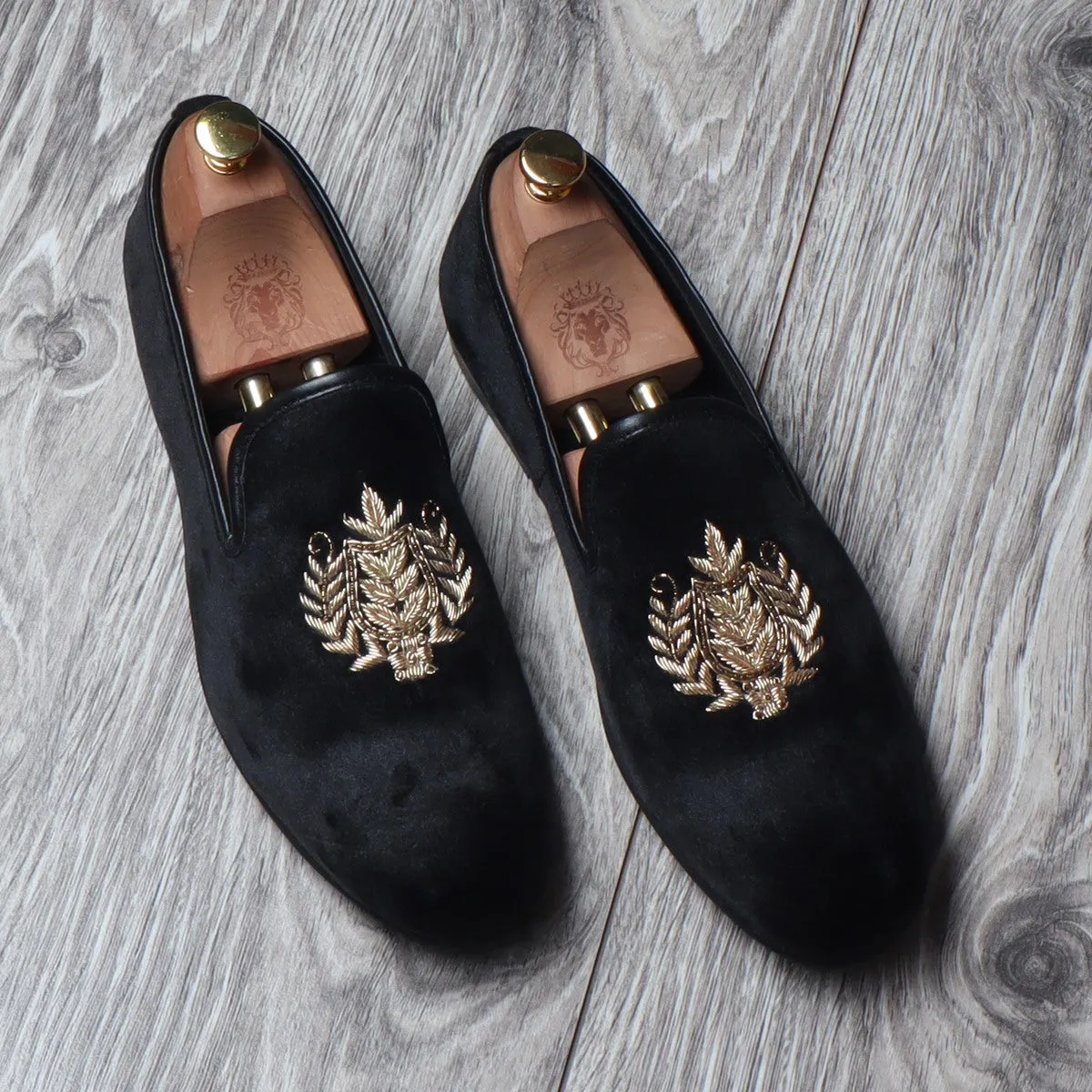 Black Italian Velvet Slip-Ons with Mild Gold Crest Zardosi By Brune & Bareskin