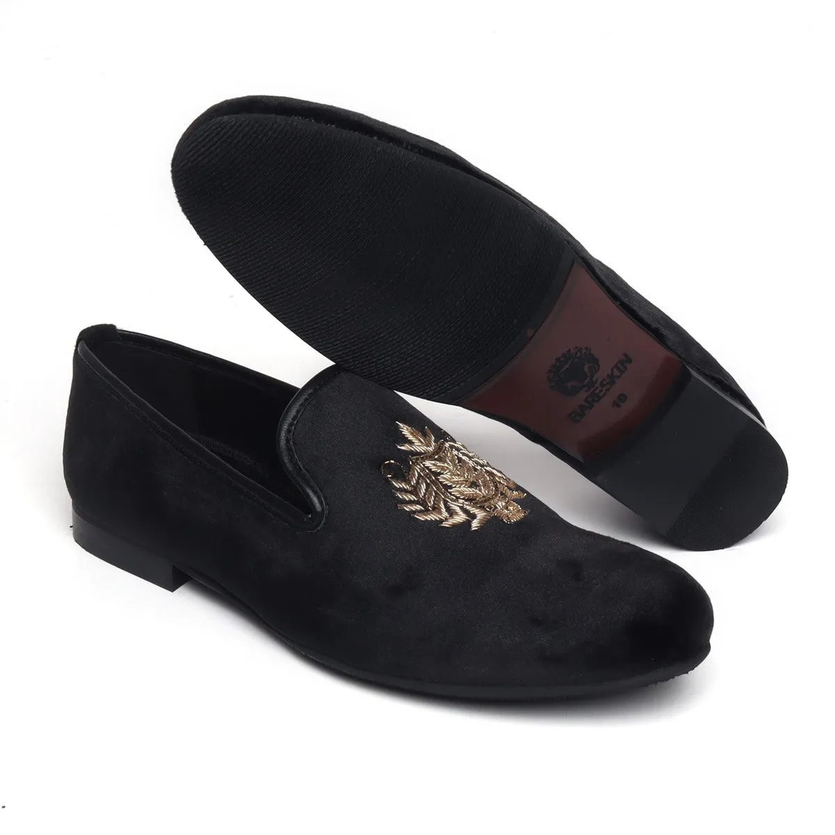 Black Italian Velvet Slip-Ons with Mild Gold Crest Zardosi By Brune & Bareskin