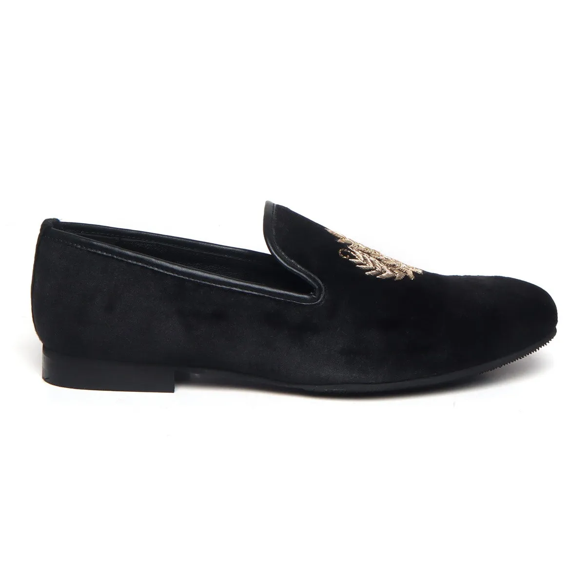 Black Italian Velvet Slip-Ons with Mild Gold Crest Zardosi By Brune & Bareskin