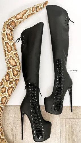 Black Matte Corset Knee High Boots