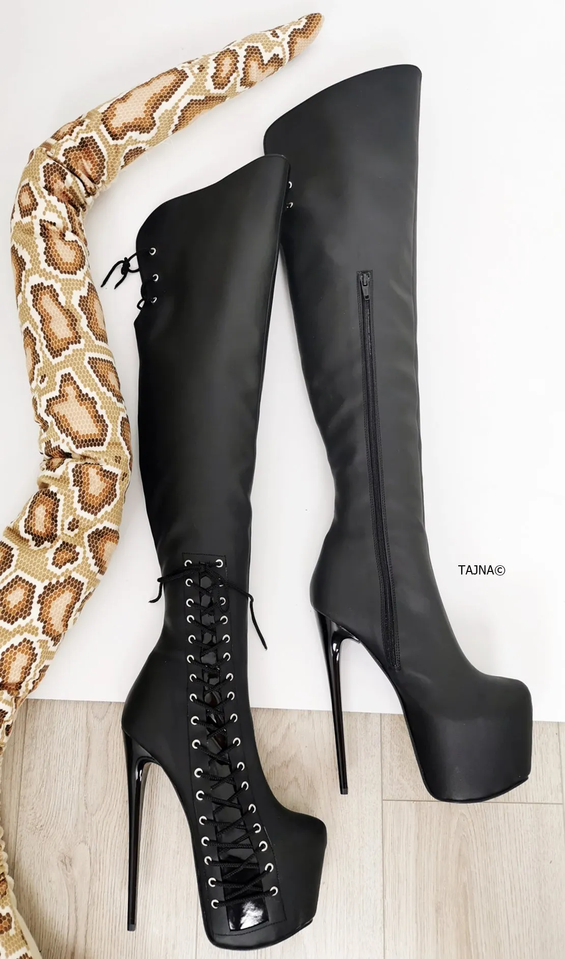 Black Matte Corset Knee High Boots