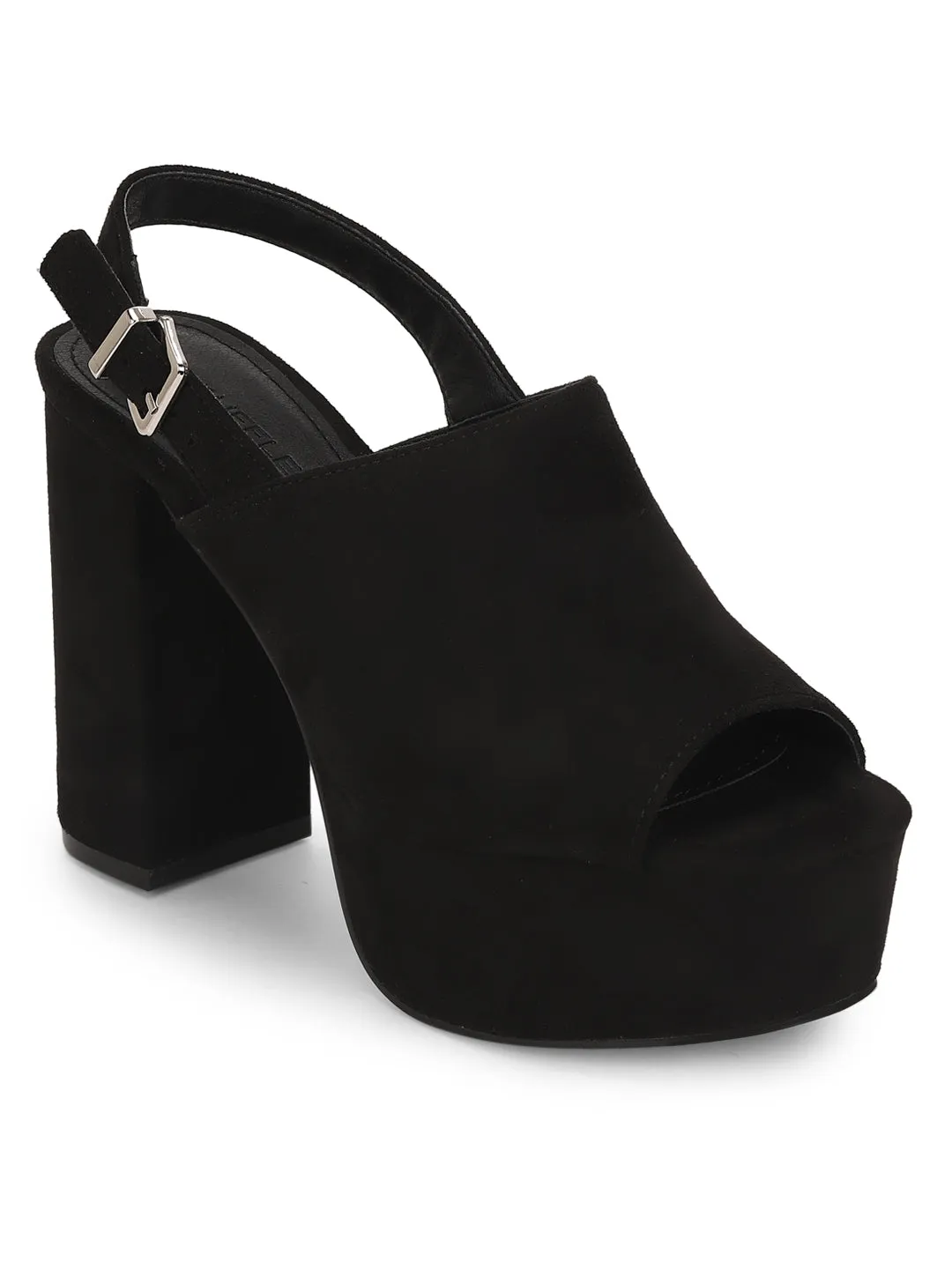 Black Micro Block Heel Buckled Mule