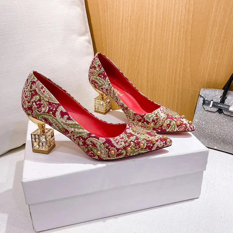 Boxed In- The Caged Box Heel Tapestry Shoes