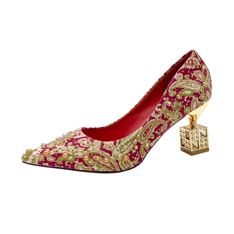 Boxed In- The Caged Box Heel Tapestry Shoes