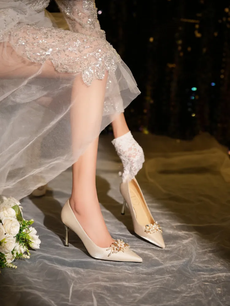 Elegant High Heels with Pearls Wedding Shoes