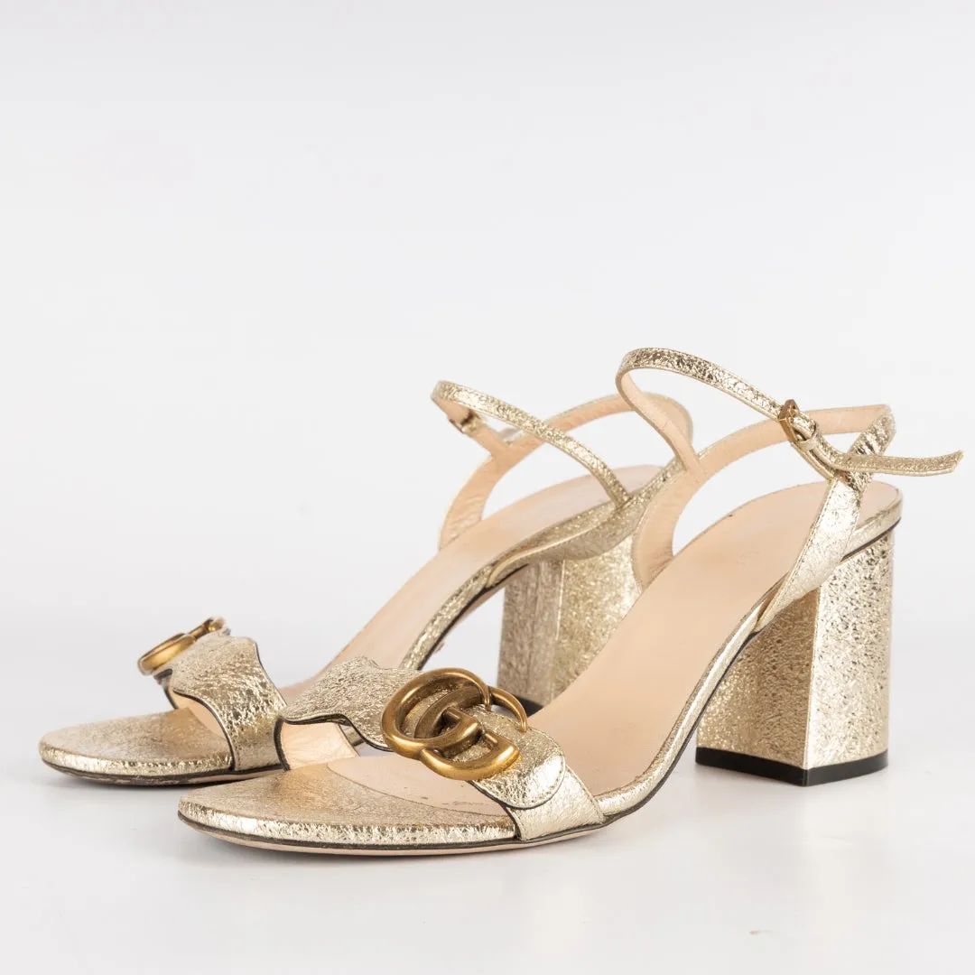 Gucci Metallic Gold Crinkled Leather GG Marmont Ankle Strap Heels