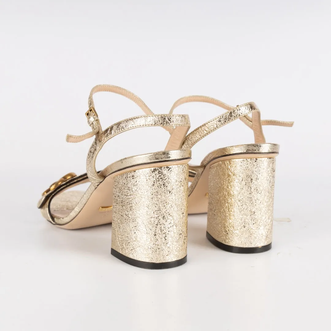 Gucci Metallic Gold Crinkled Leather GG Marmont Ankle Strap Heels