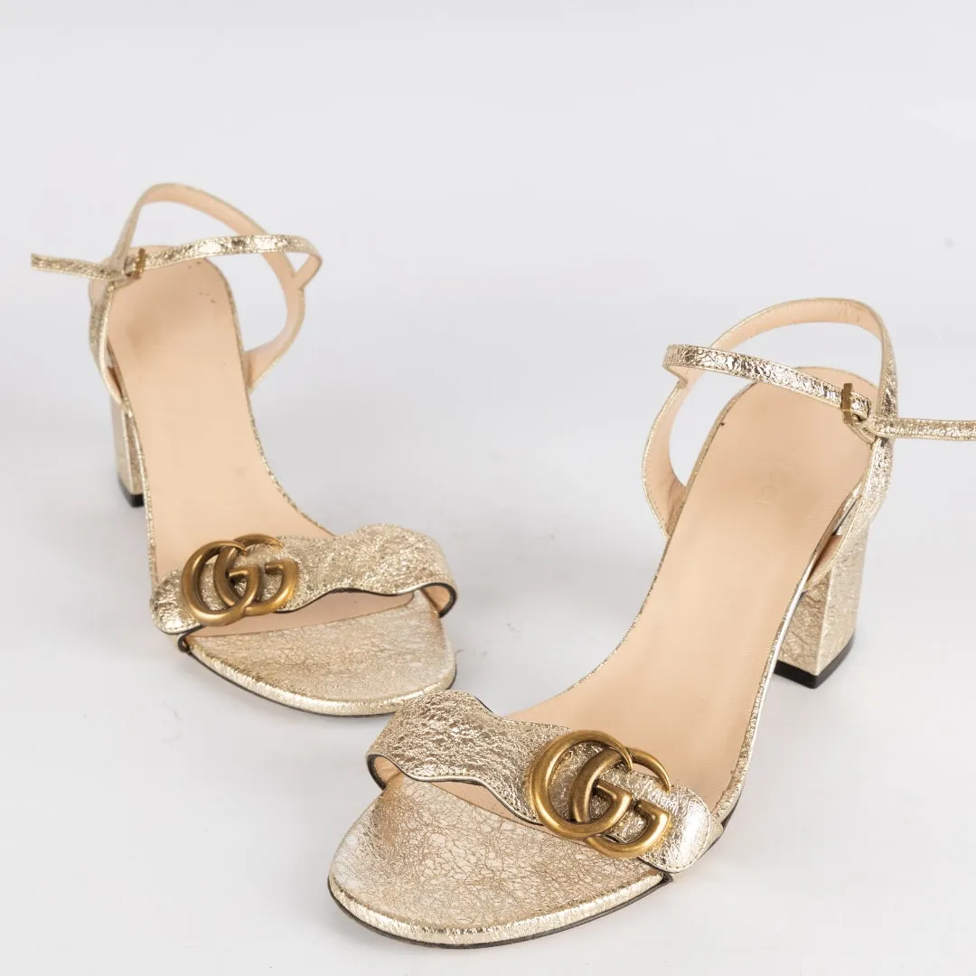 Gucci Metallic Gold Crinkled Leather GG Marmont Ankle Strap Heels