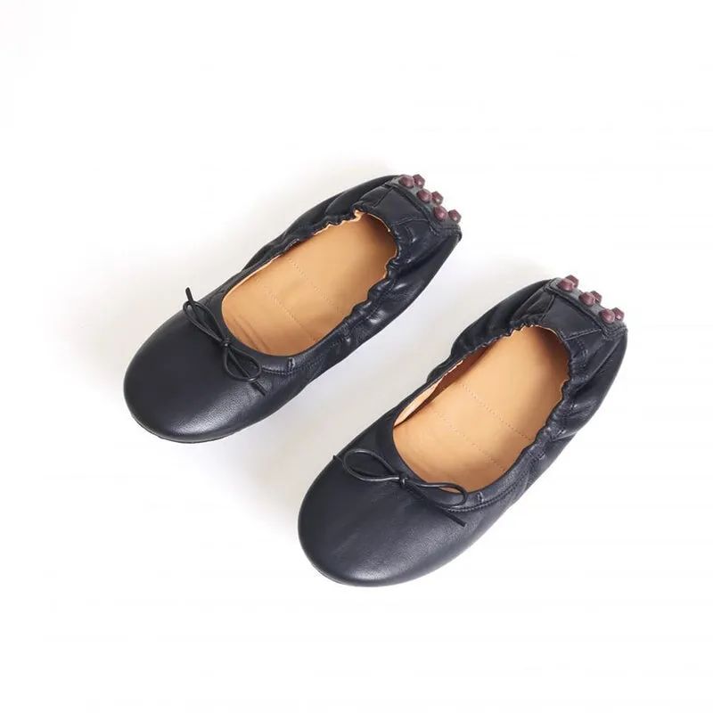 Handmade Sheepskin Women Flats With Bow Details In Black