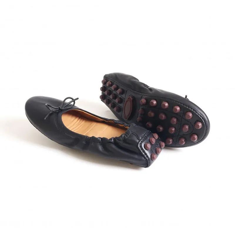 Handmade Sheepskin Women Flats With Bow Details In Black