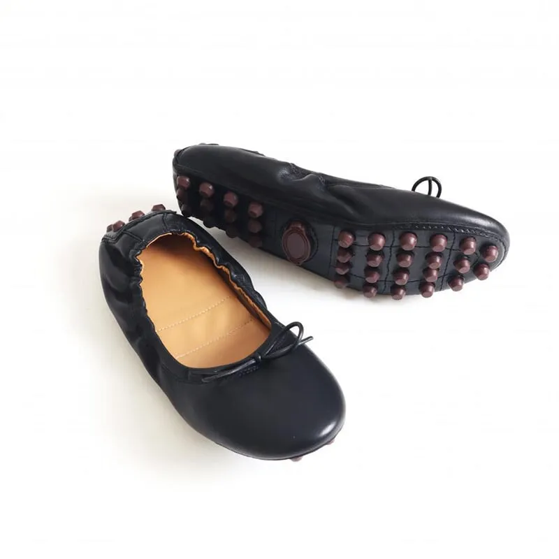 Handmade Sheepskin Women Flats With Bow Details In Black