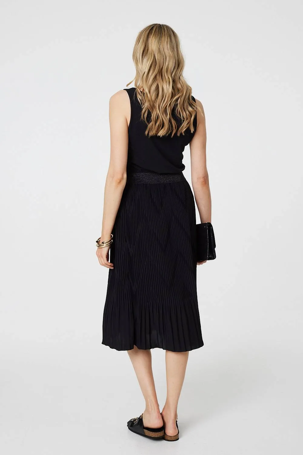 Pleated High Waist A-Line Midi Skirt