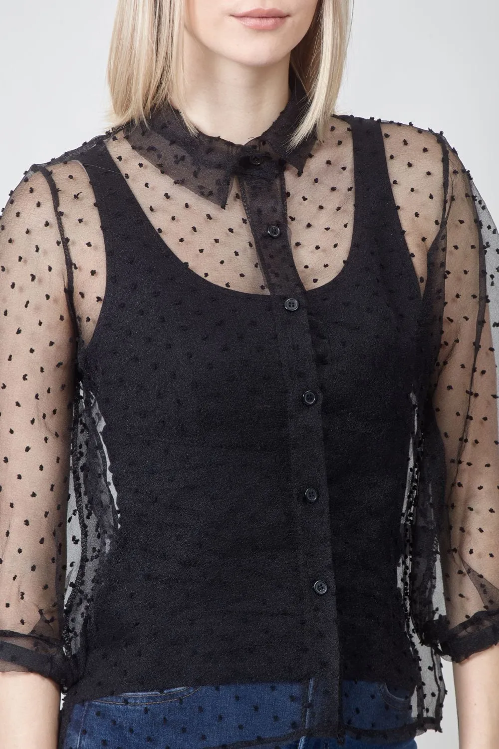 Polka Dot Button Front Sheer Shirt