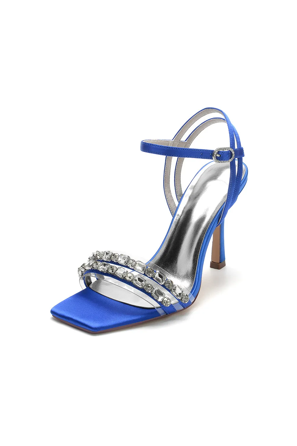 Royal Blue Satin Heels with Double Crystal Straps