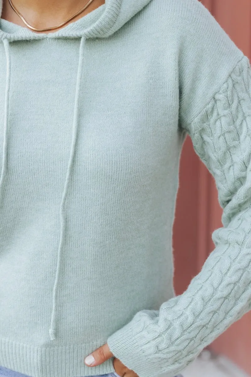 Sage Cable Knit Sleeve Hooded Sweater - DOORBUSTER