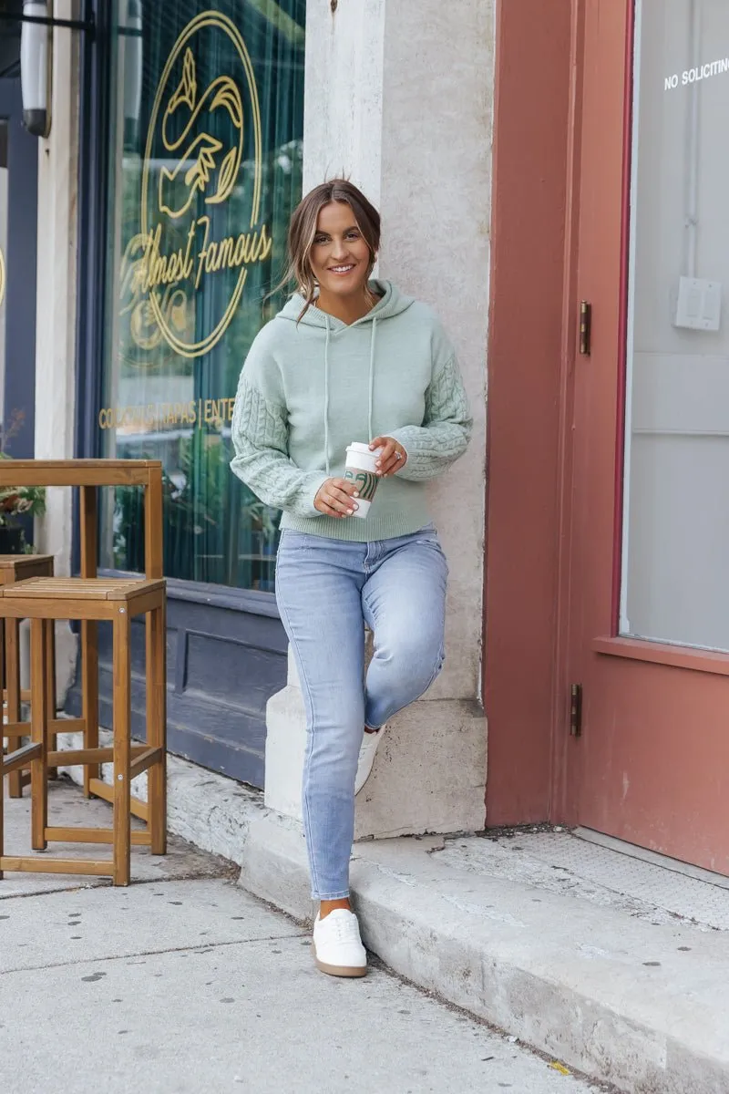 Sage Cable Knit Sleeve Hooded Sweater - DOORBUSTER