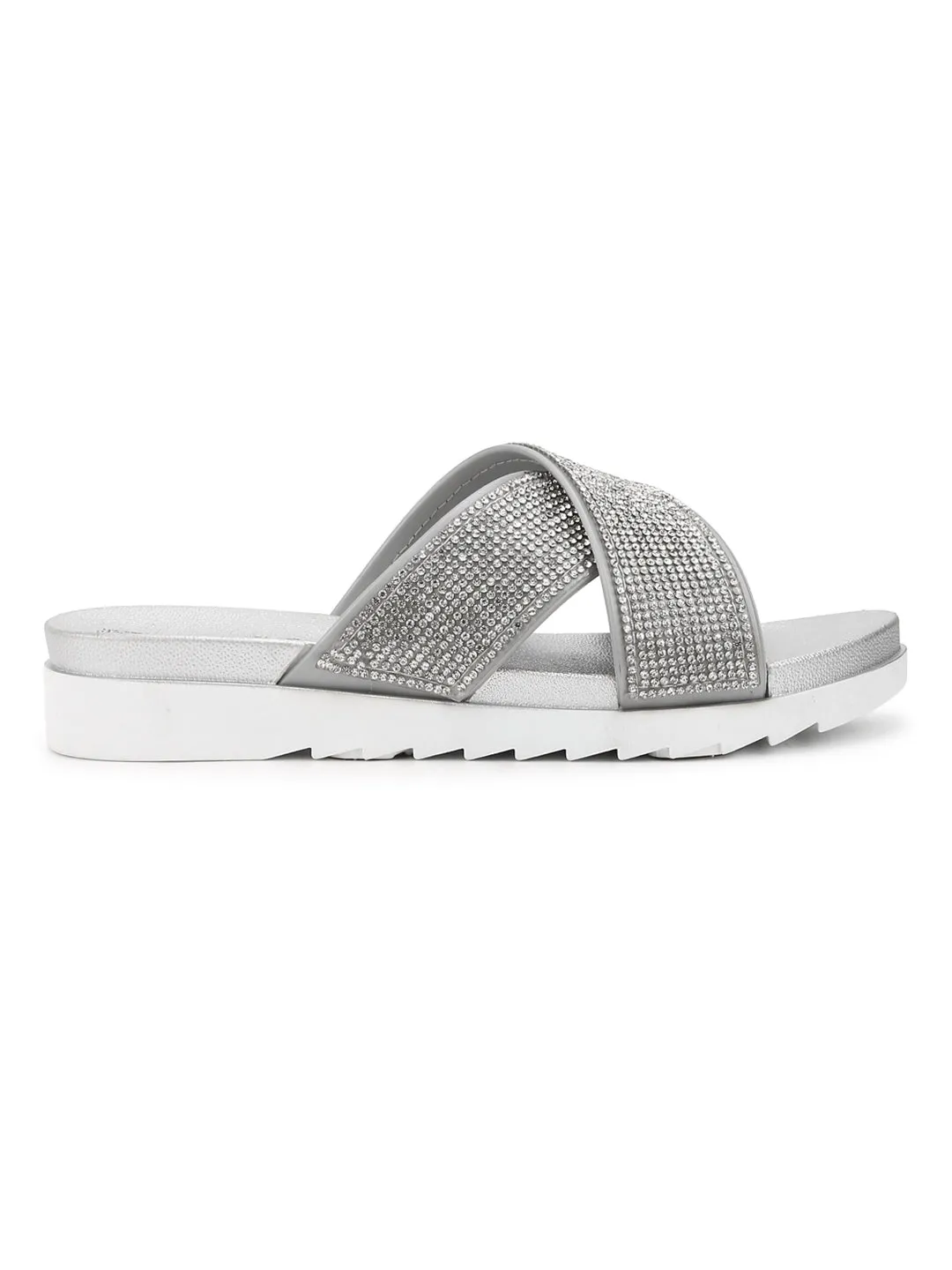 Silver Diamante Crossover Slip-On Flats