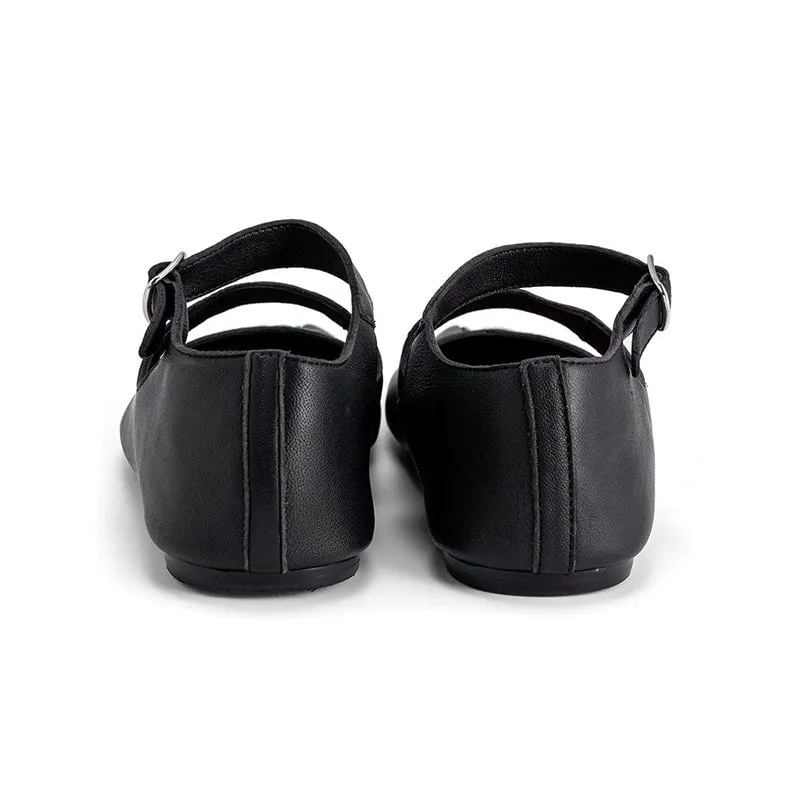 Soft Leather Ballet Flats Split Toe Double Strap Mary Jane Leather Sole in Black