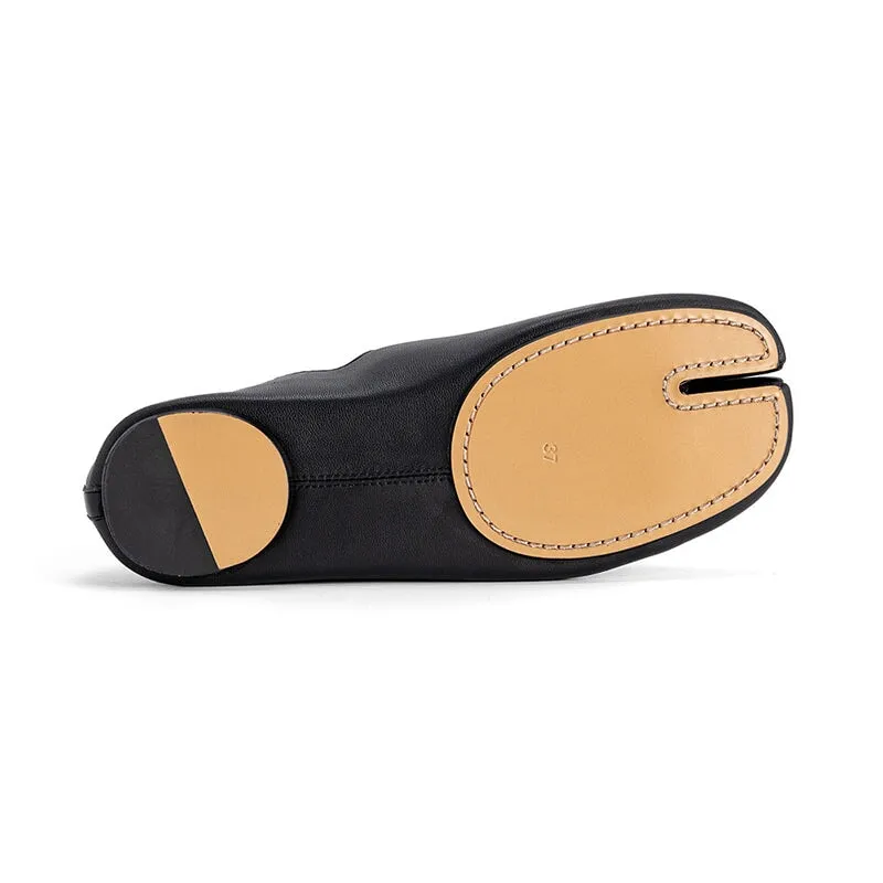 Soft Leather Ballet Flats Split Toe Double Strap Mary Jane Leather Sole in Black