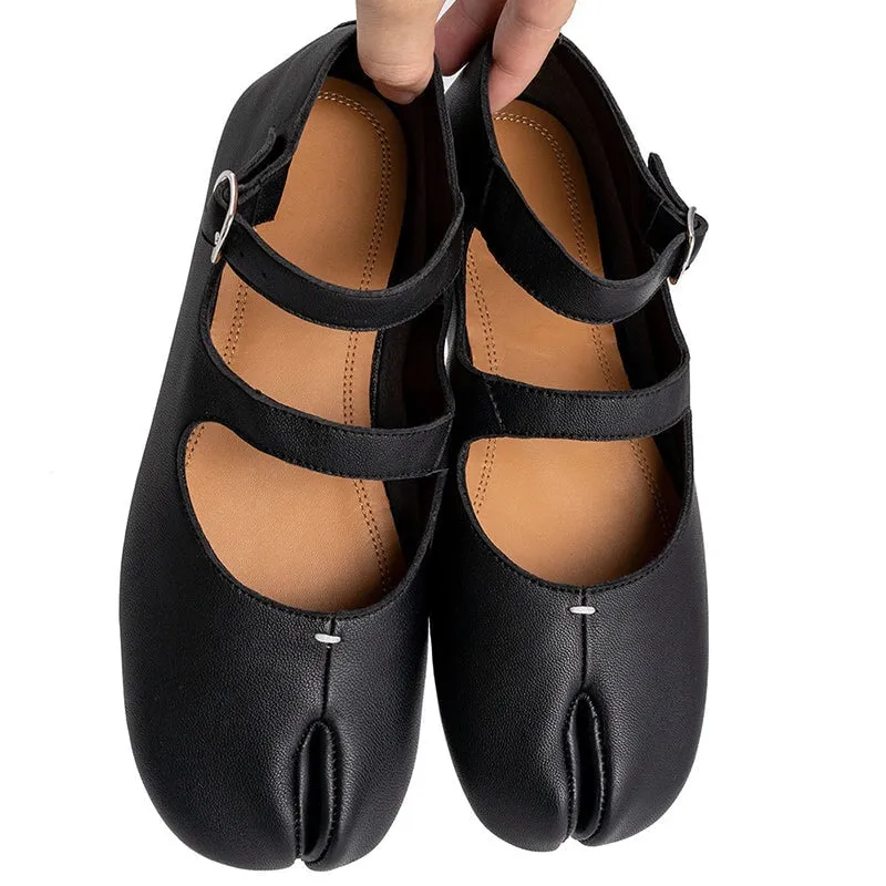 Soft Leather Ballet Flats Split Toe Double Strap Mary Jane Leather Sole in Black