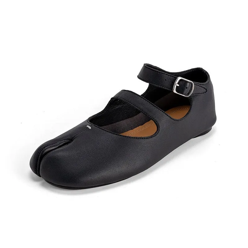 Soft Leather Ballet Flats Split Toe Double Strap Mary Jane Leather Sole in Black