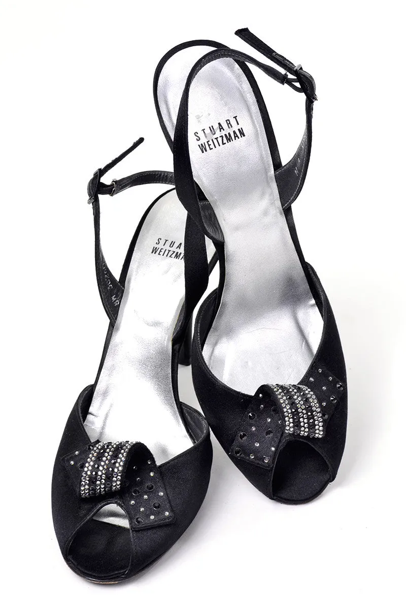 Stuart Weitzman Black Satin Slingback Peep Toe Heels with Rhinestone Bows 8W