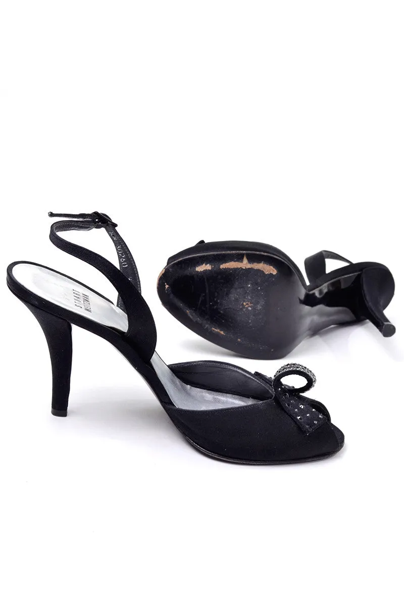 Stuart Weitzman Black Satin Slingback Peep Toe Heels with Rhinestone Bows 8W