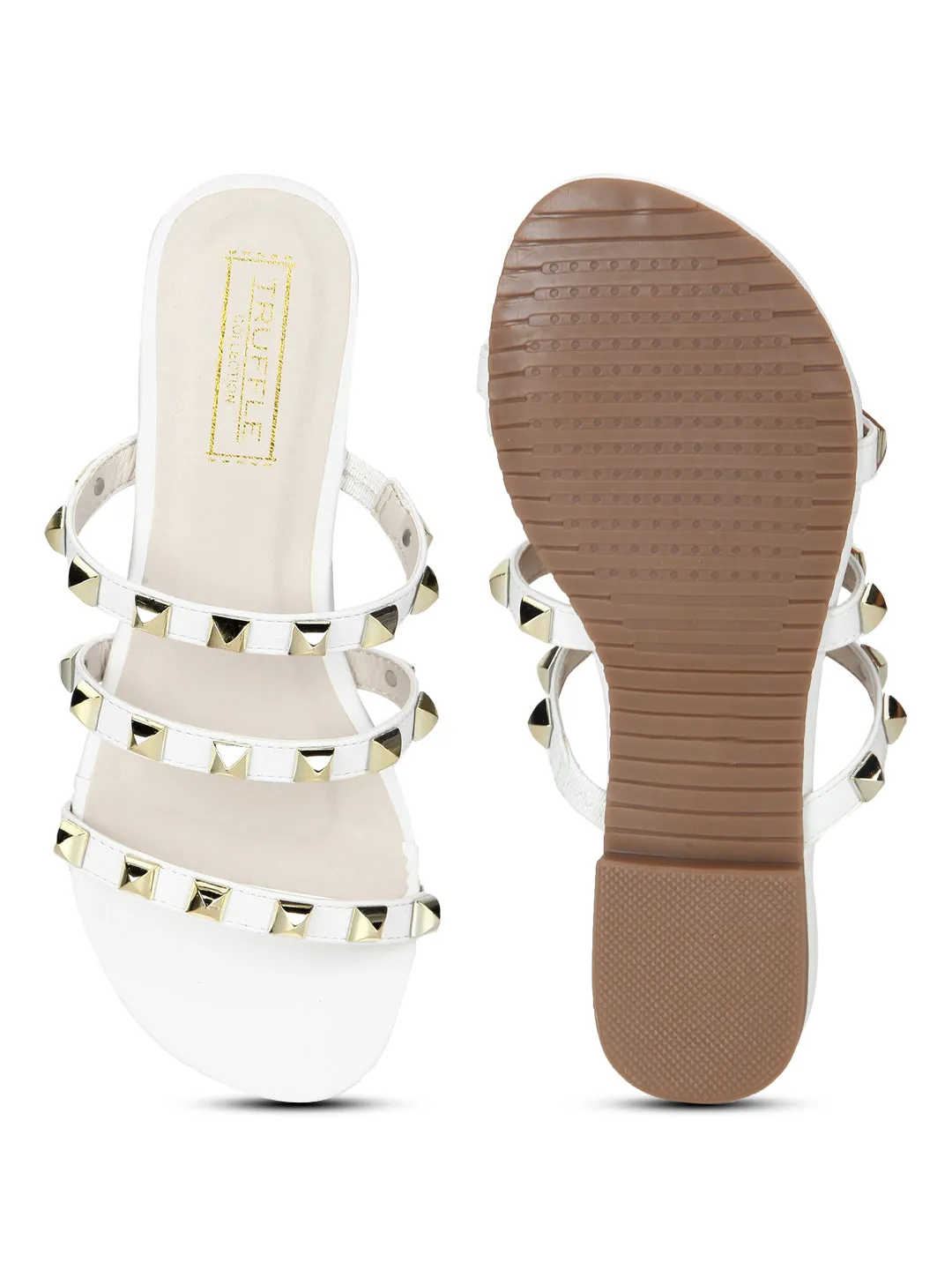 White Strappy Studded Slip-On Flats